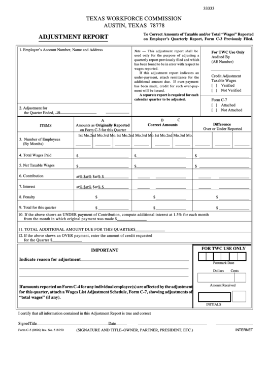 Form C-5 - Adjustment Report - Texas Workforce Commission Printable pdf