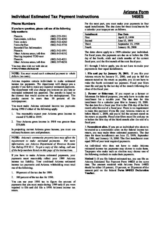 Instructions For Individual Estimated Tax Payment Form 140es Printable pdf