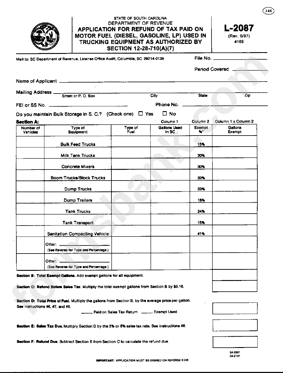 Form L-2087 - Application For Refund Of Tax Paid On Motor Fuel (Diesel, Gasoline, Lp) Used In Trucking Equipment As Authorized By Section 12-28-710(A)(7)