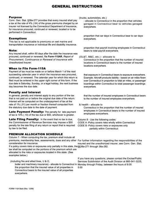 Form-115a - General Instructions - Connecticut Department Of Revenue Services Printable pdf