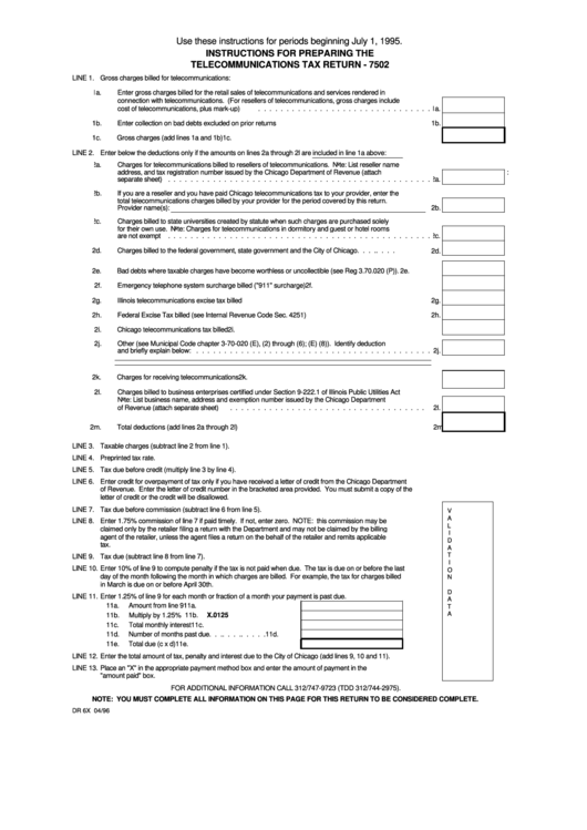 Form Dr 6x - Instructions For Preparing The Telecommunications Tax Return - 7502 Printable pdf