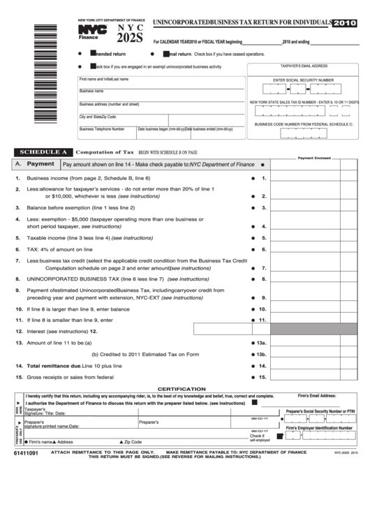 Form Nyc-202s - Unincorporated Business Tax Return For Individuals - 2010 Printable pdf