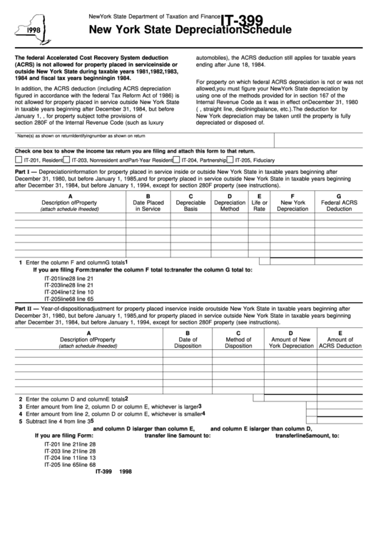 Fillable Form It-399 - New York State Depreciation Schedule - New York State Department Of Taxation And Finance - 1998 Printable pdf