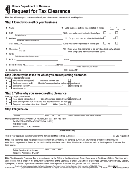 Fillable Form Itr-1 - Request For Tax Clearance - 1997 Printable pdf