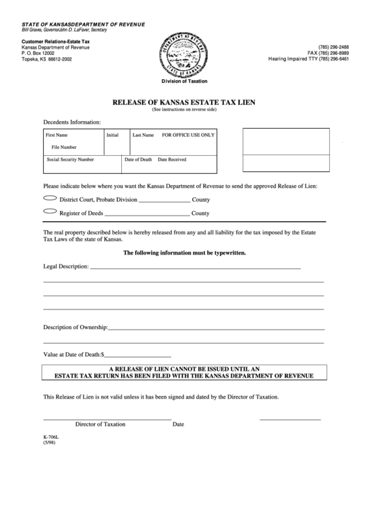 Fillable Form K-706l - Release Of Kansas Estate Tax Lien - Kansas Department Of Revenue Printable pdf