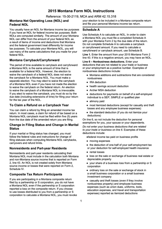 Montana Form Nol Instructions - Montana Net Operating Loss (Nol) And Federal Nol - 2015 Printable pdf