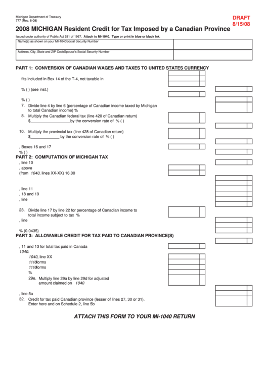 Form 777 Draft - Michigan Resident Credit For Tax Imposed By A Canadian Province - 2008 Printable pdf