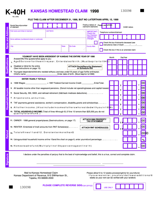 Fillable Form K-40h - Kansas Homestead Claim - Kansas Department Of Revenue - 1998 Printable pdf