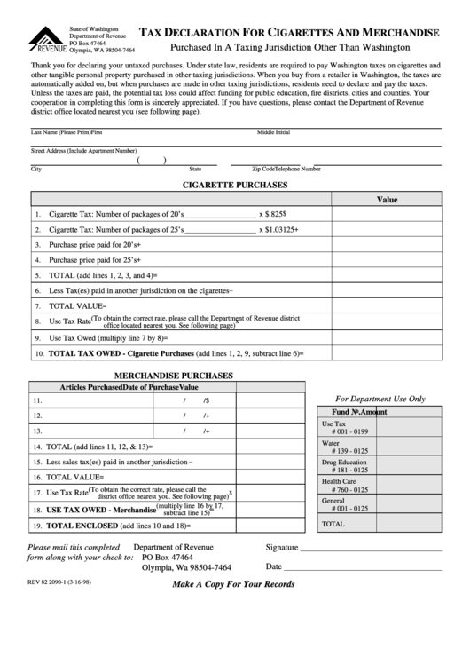 Fillable Form Rev 82 2090-1 - Tax Declaration For Cigarettes And Merchandise - 1998 Printable pdf