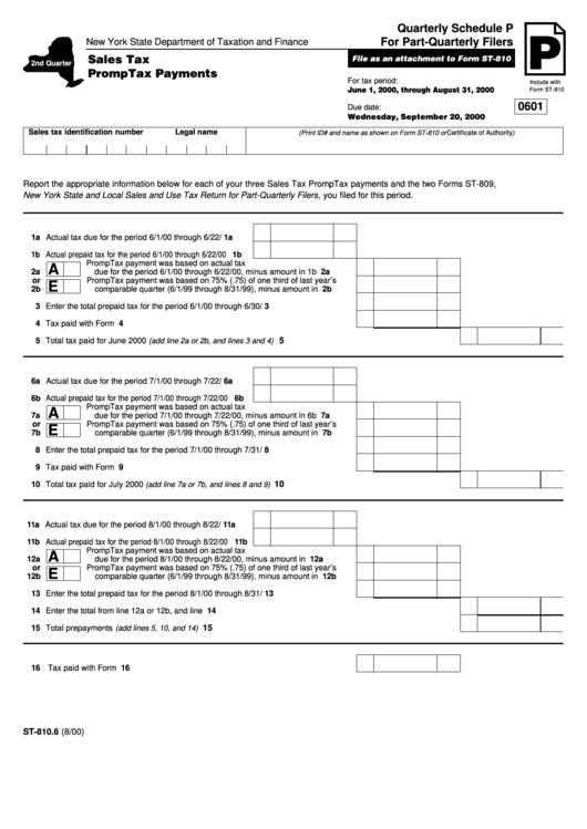 Form St-810.6 - Quarterly Schedule P For Part-Quarterly Filers - New York State Department Of Taxation And Finance Printable pdf