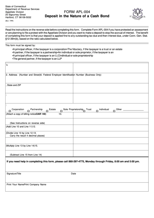 Form Apl-004 - Deposit In The Nature Of A Cash Bond - Connecticut Department Of Revenue Services Printable pdf