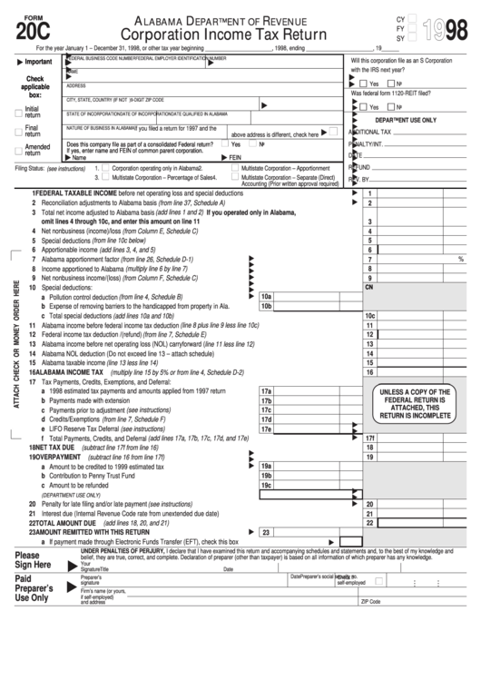 Fillable Form 20c - Corporation Income Tax Return - 1998 Printable pdf