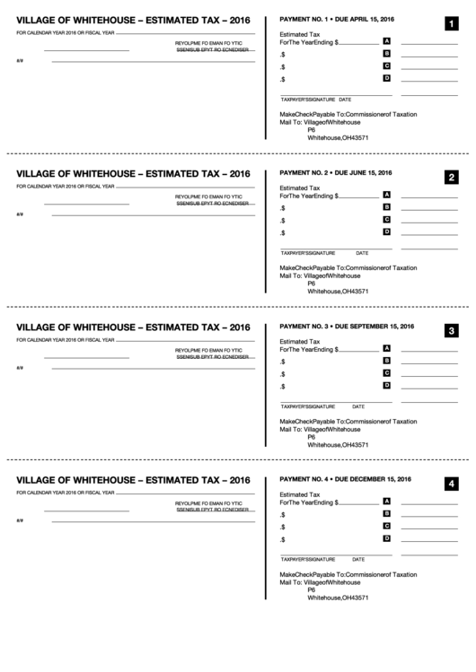 Village Of Whitehouse - Estimated Tax - 2016 Printable pdf