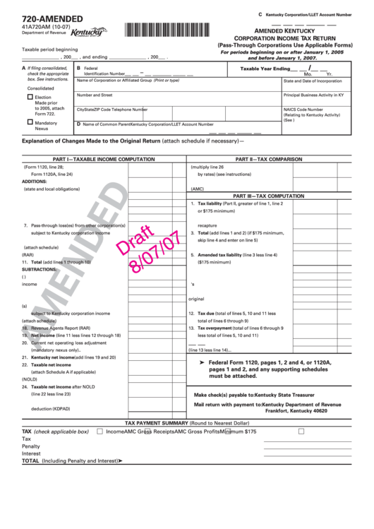 Form 720-Amended - Amended Kentucky Corporation Income Tax Return (Draft) Printable pdf
