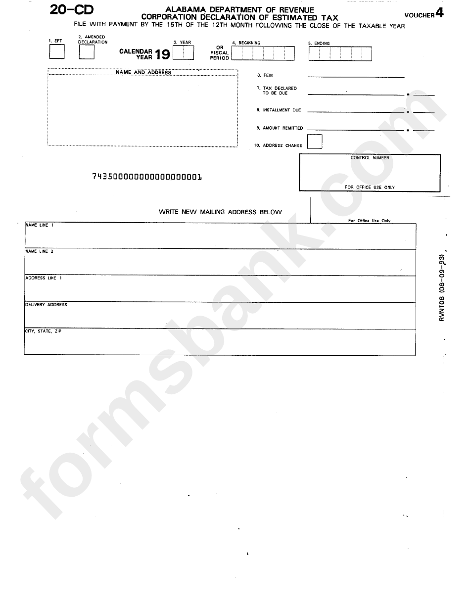 Form 20-Cd - Corporation Declaration Of Estimated Tax - Alabama Department Of Revenue