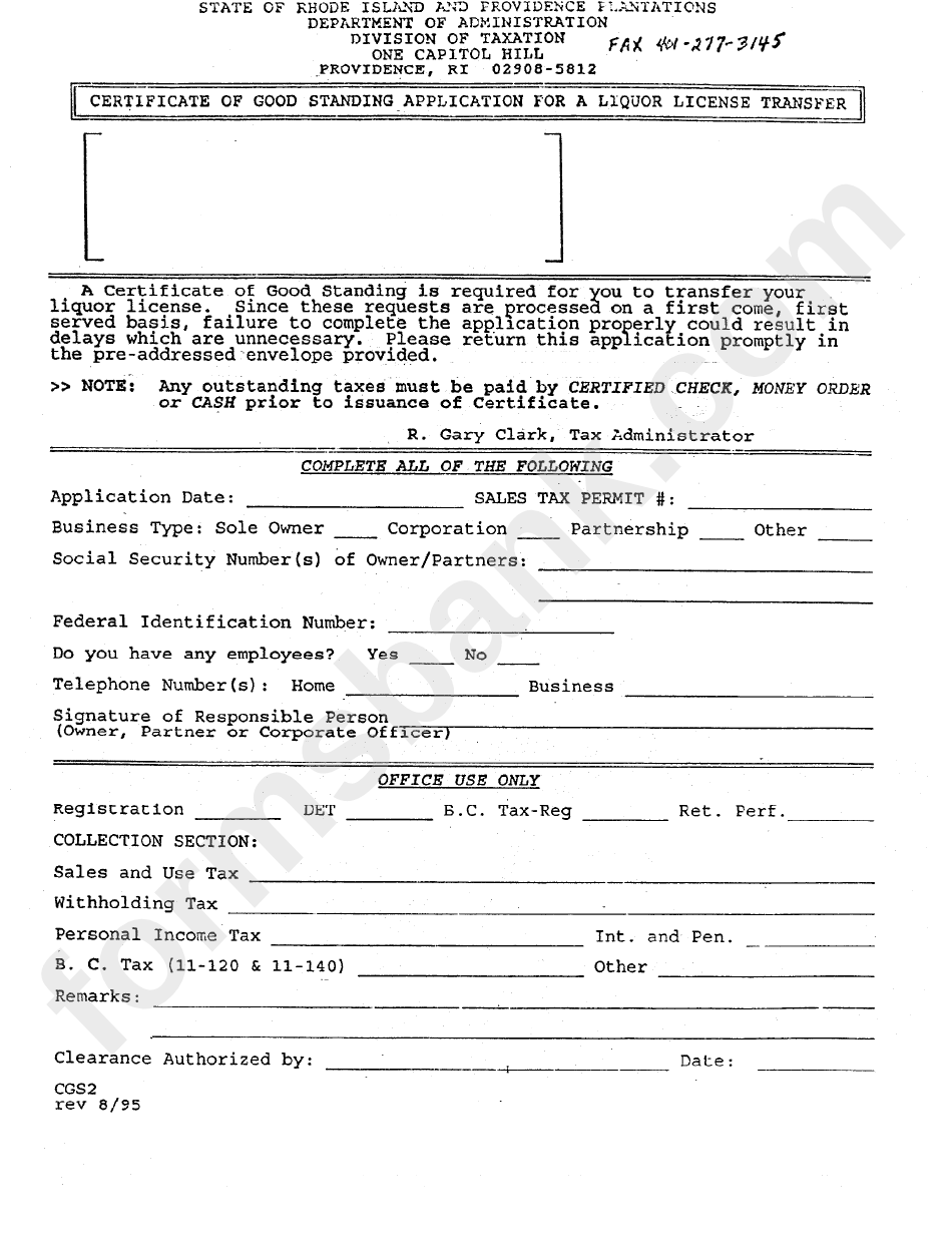 Form Cgs2 - Certificate Of Good Standing Application For A Liquor License Transfer - Rhode Island Division Of Taxation