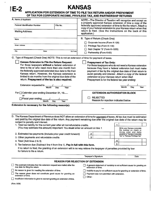 Fillable Form E-2 - Application For Extension Of Yime To File Tax Return And/or Prepayment Of Tax For Corporate Income, Privelege Tax, And Partnership Return Printable pdf