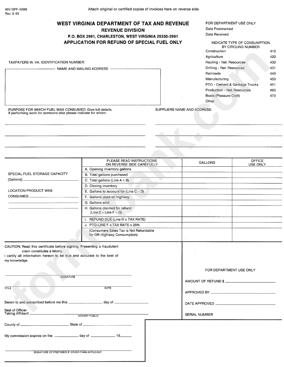 Form Wv/spf-509b - Application For Refund Of Special Fuel Only
