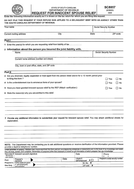 Form Sc8857 - Request For Innocent Spouse Relief - South Carolina Department Of Revenue Printable pdf