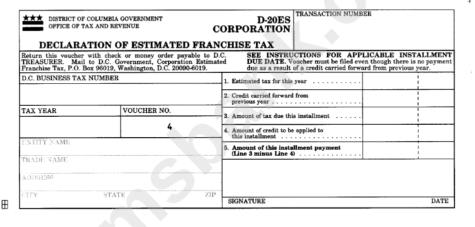 Form D-20es - Declaration Of Estimated Franchise Tax