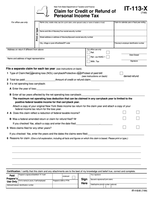 Form It-113-X - Claim For Credit Or Refund Of Personal Income Tax Printable pdf