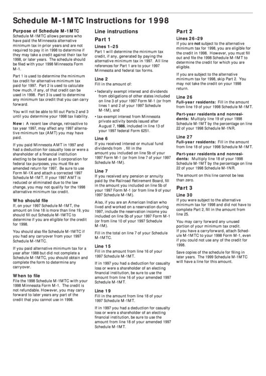 Instructions For Schedule M-1mtc Minnesota Alternative Minimum Tax Credit 1998 Printable pdf