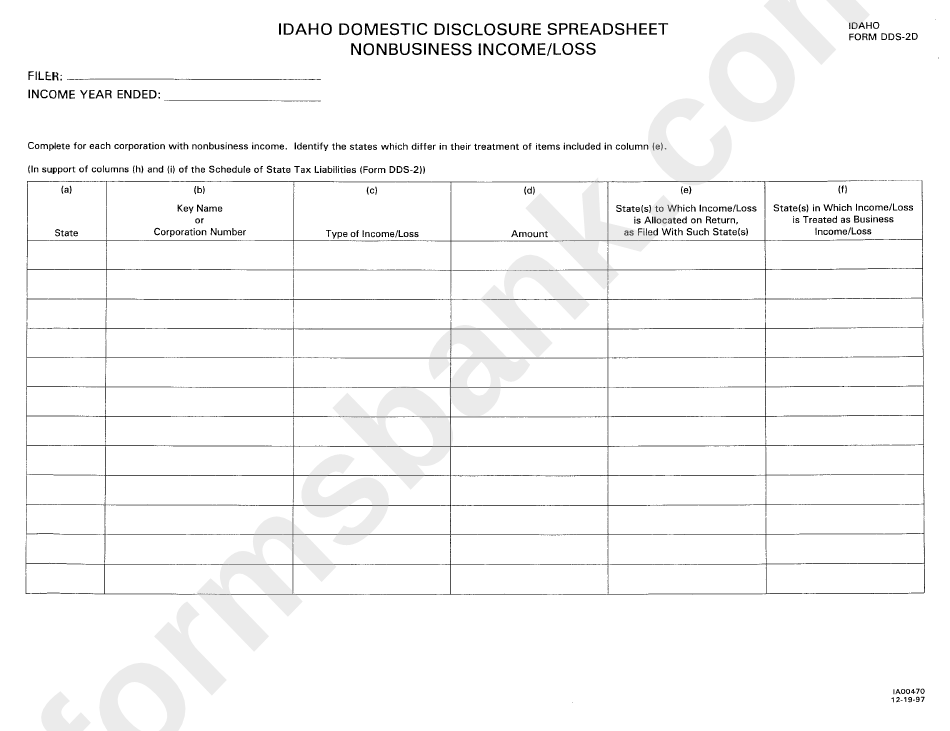 Form Dds-2d - Idaho Domestic Disclosure Spreadsheet Nonbusiness Income/loss