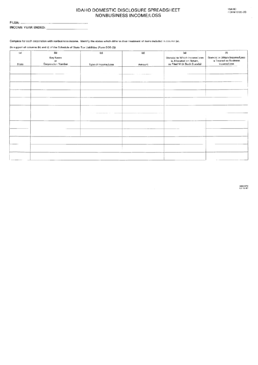 Form Dds-2d - Idaho Domestic Disclosure Spreadsheet Nonbusiness Income/loss Printable pdf