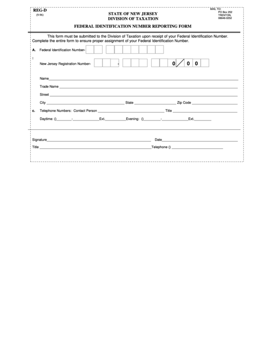 Fillable Form Reg-D - Federal Identification Number Reporting Form - State Of New Jersey Division Of Taxation Printable pdf