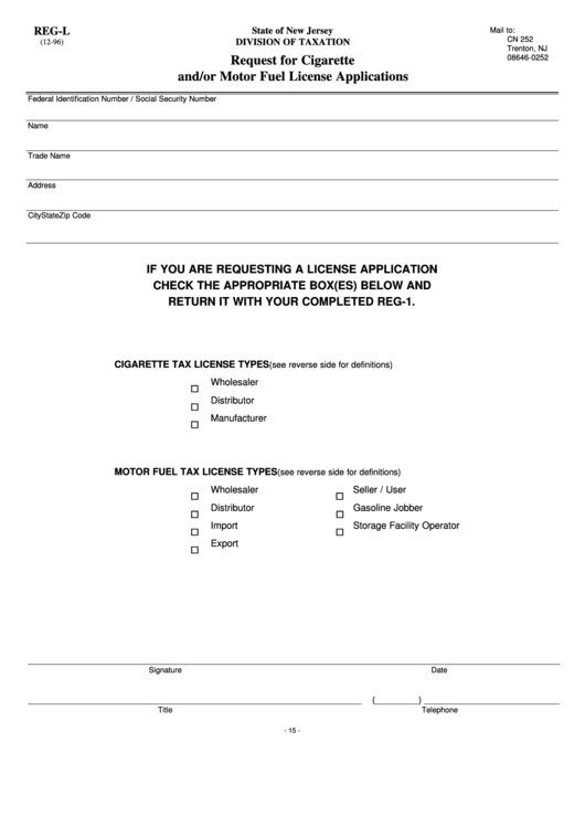 Fillable Form Reg-L - Request For Cigarette And/or Motor Fuel License Applications - State Of New Jersey Division Of Taxation Printable pdf