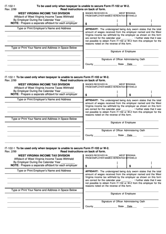 Form It-102-1 - Affidavit Of West Virginia Income Taxes Withheld By Employer Printable pdf