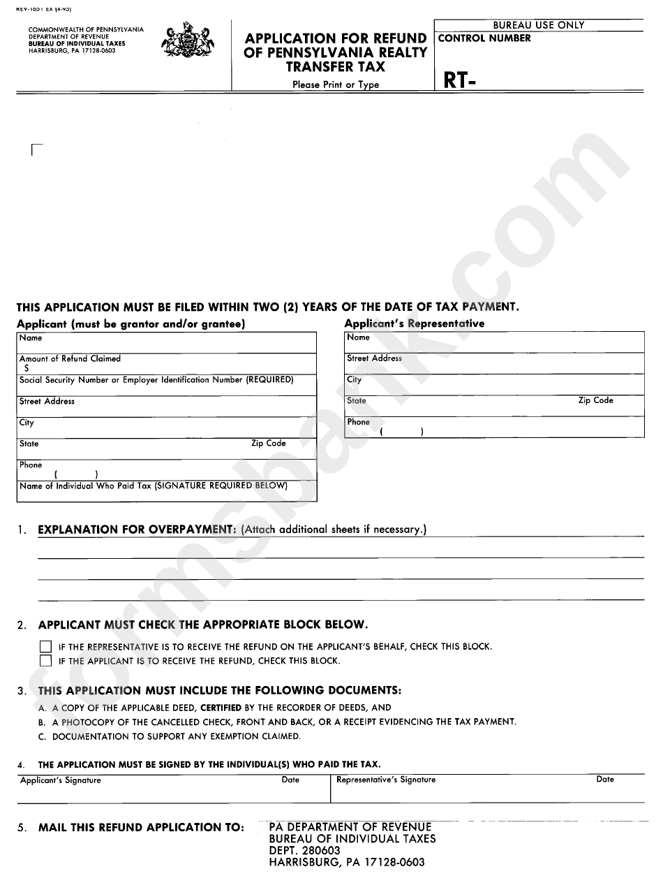 Form Rt - Application For Refund Of Pennsylvania Realty Transfer Tax -Commonwealth Of Pennsylvania Department Of Revenue