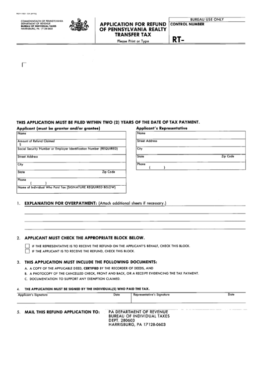 Fillable Form Rt - Application For Refund Of Pennsylvania Realty Transfer Tax -Commonwealth Of Pennsylvania Department Of Revenue Printable pdf