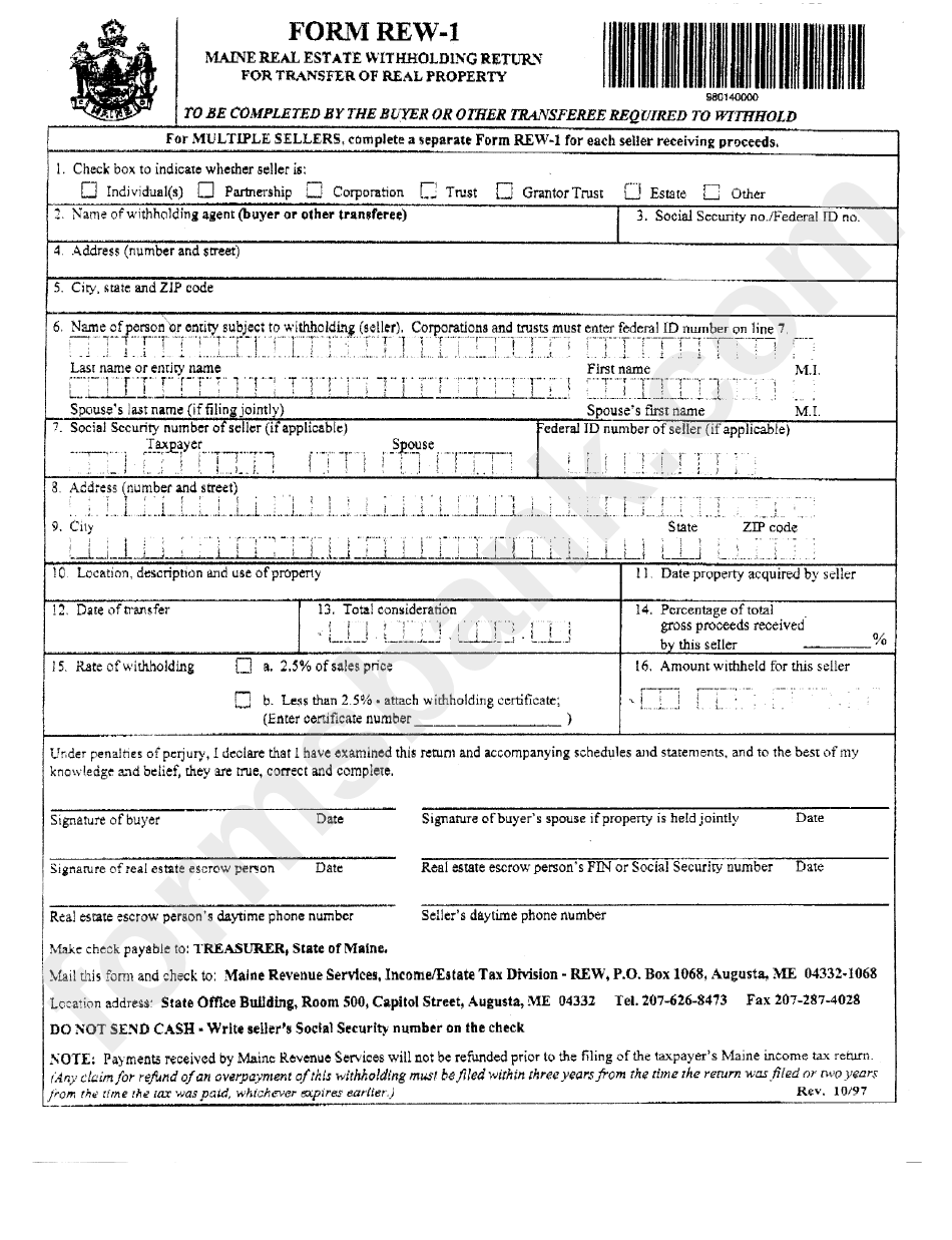 Form Rew-1 - Maine Real Estate Withholding Return For Transfer Of Real Property