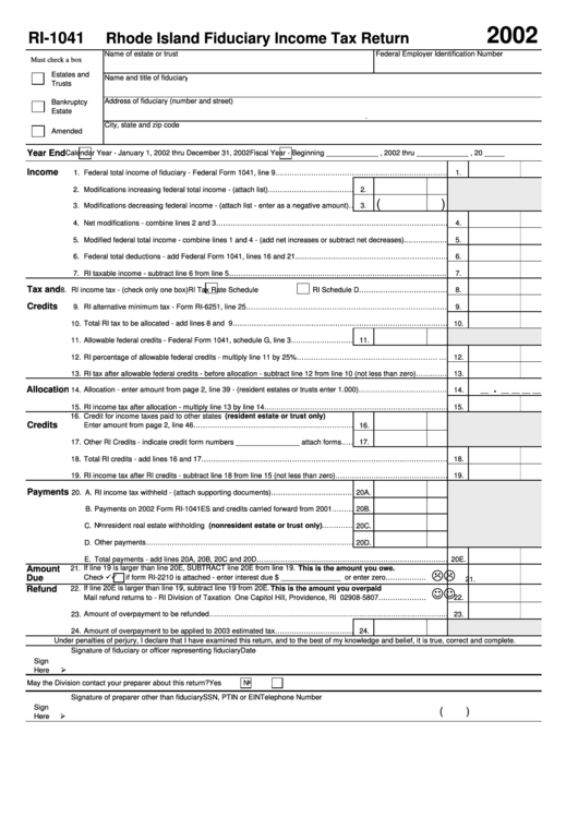 Form Ri-1041 - Rhode Island Fiduciary Income Tax Return 2002 Printable pdf