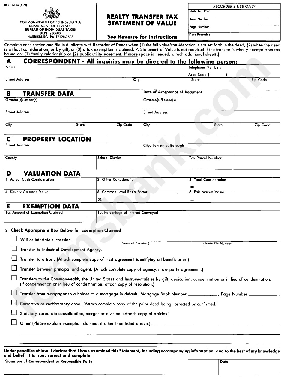 Fillable Realty Transfer Tax Statement Of Value Commonwealth Of 