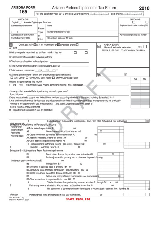 Arizona Form 165 Draft - Arizona Partnership Income Tax Return - 2010 Printable pdf