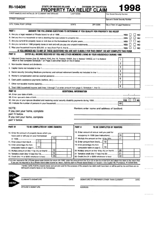 Fillable Form Ri-1040h - Property Tax Relief Claim - State Of Rhode Island - 1998 Printable pdf
