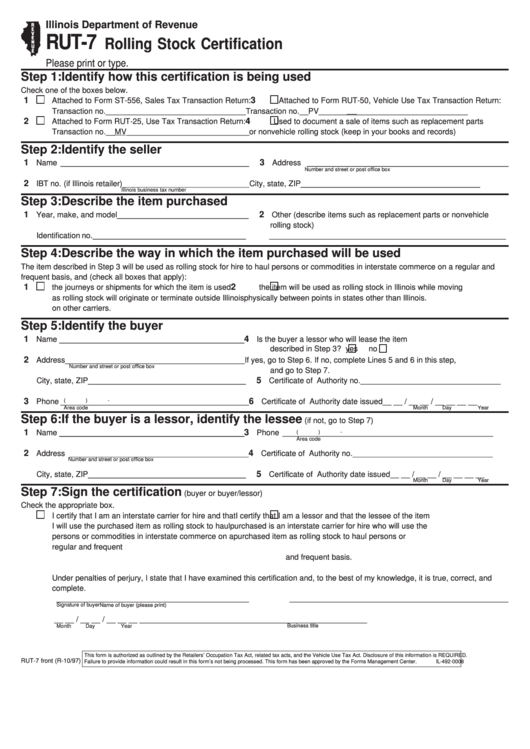 Fillable Form Rut7 Rolling Stock Certification 1997 printable pdf
