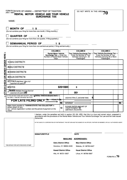 Fillable Form Rv-2 - Rental Motor Vehicle And Tour Vehicle Surcharge Tax - State Of Hawaii -Department Of Taxatio Printable pdf