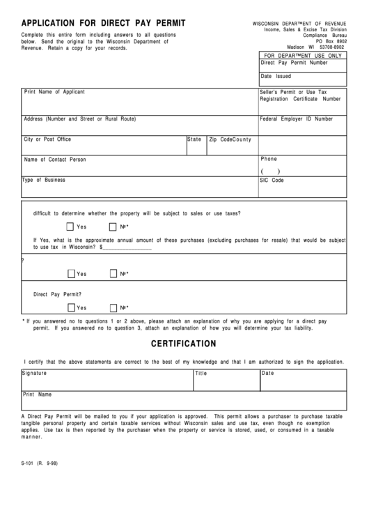 Fillable Form S-101 - Application For Direct Pay Permit - 1998 Printable pdf