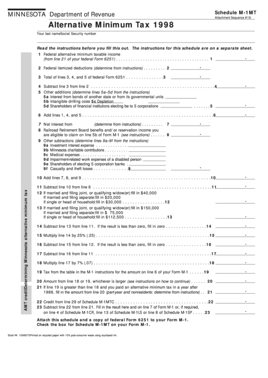 Fillable Schedule M-1mt - Alternative Minimum Tax - Minnesota Department Of Revenue - 1998 Printable pdf