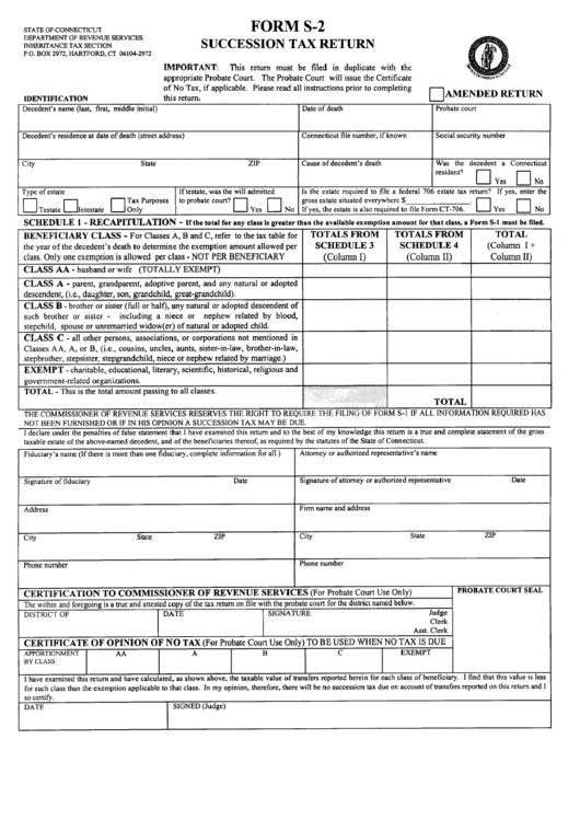 Fillable Form S-2 - Succession Tax Return - State Of Connecticut Printable pdf