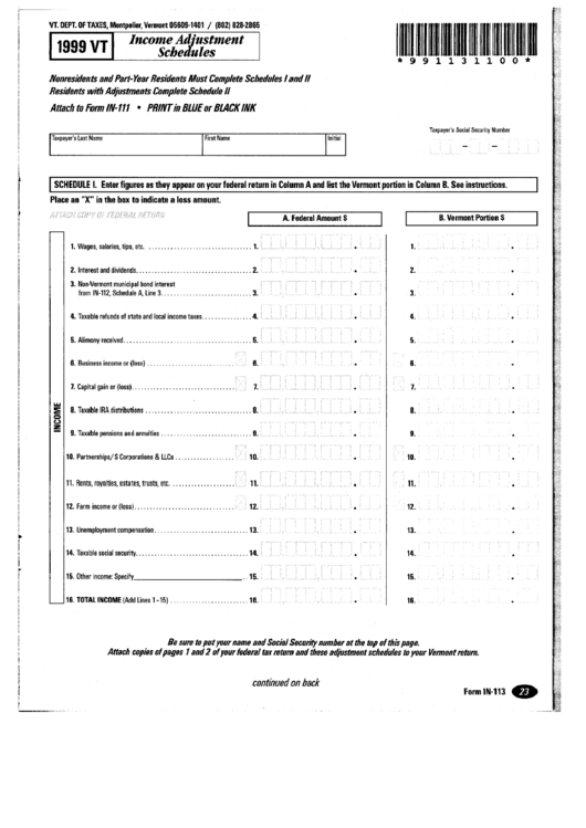 Form In-113 - Income Adjustment Schedules -1999 Printable pdf