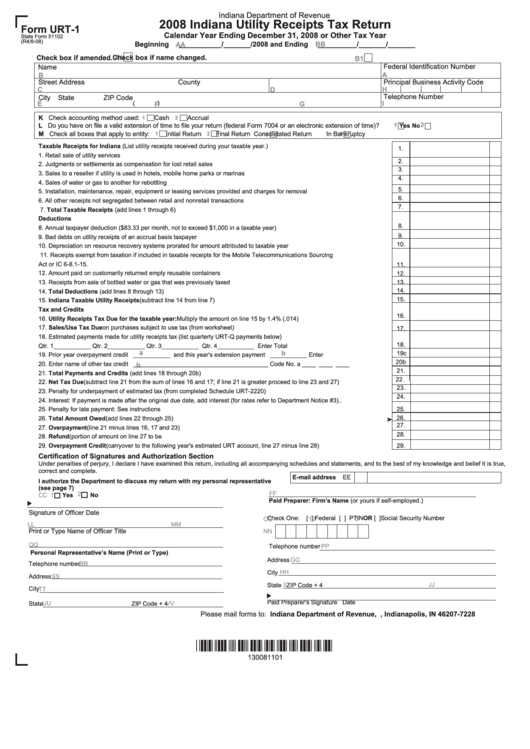 Form Urt-1 - 2008 Indiana Utility Receipts Tax Return Printable pdf