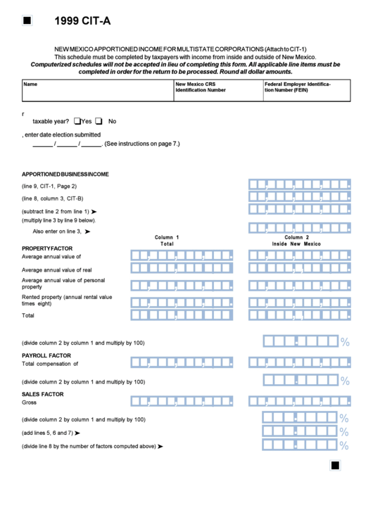 Form Cit - New Mexico Apportioned Income For Multistate Corporations - 1999 Printable pdf