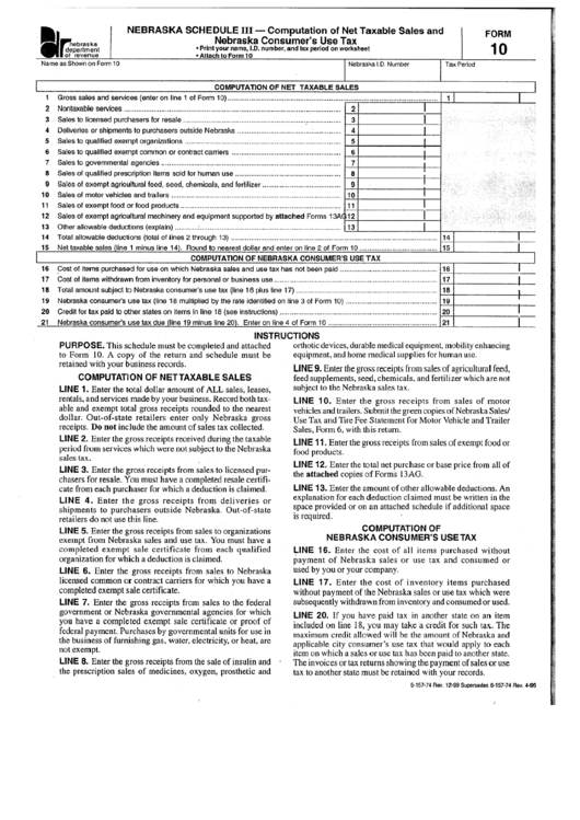 Form 10 - Nebraska Schedule Iii - Computation Of Net Taxable Sales And Nebraska Consumer