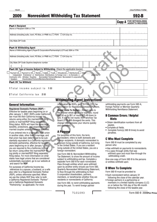 California Form 592-B Draft - Nonresident Withholding Tax Statement - 2009 Printable pdf