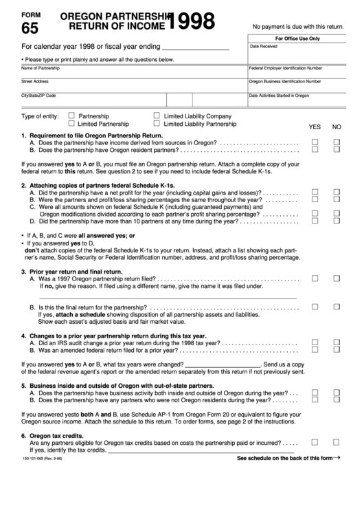Fillable Form 65 - Oregon Partnership Return Of Income - 1998 Printable pdf