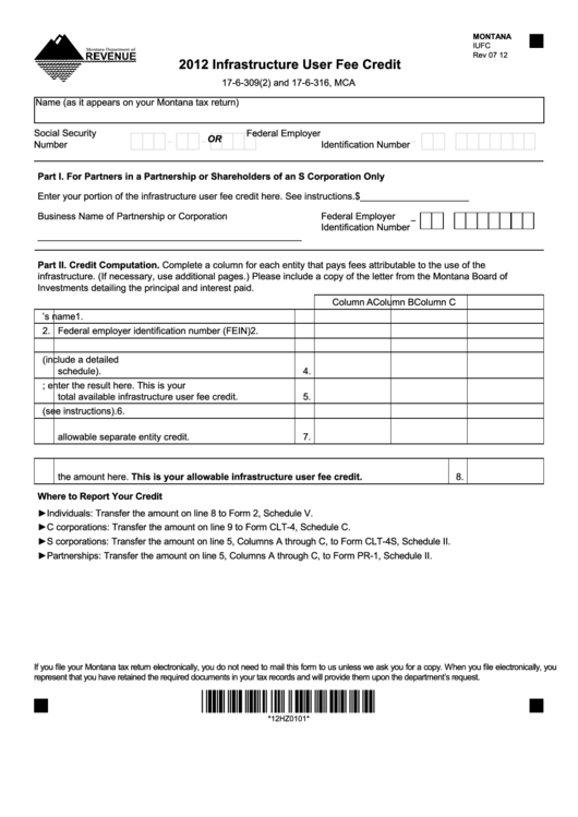 Montana Form Iufc - Infrastructure User Fee Credit - 2012 Printable pdf